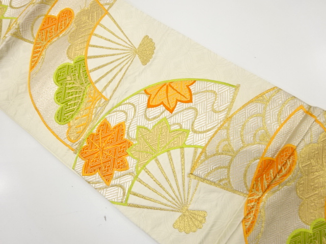 JAPANESE KIMONO / ANTIQUE FUKURO OBI / SILK / WOVEN FOLDING FAN PATTERN